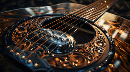 Intricate Detailing and Unique Design of a Glossy Round-back Acoustic Guitar - obrazy, fototapety, plakaty