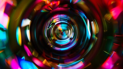 Vibrant abstract patterns seen through a kaleidoscope lens, creating a circular design.