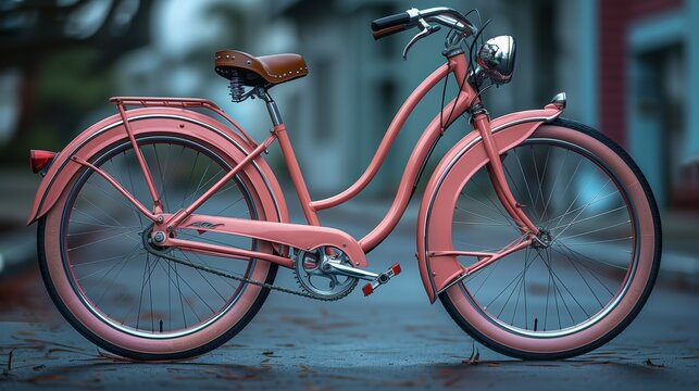 A pink bicycle rests on the roadside, its tires gleaming in the sun