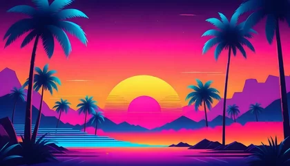 Foto op Plexiglas A-retro-style-painted-background-inspired-by-the-80s-aesthetic--featuring-neon-colors--geometric-patterns--and-palm-trees-against-a-sunset-sky-- (1) © Rustam