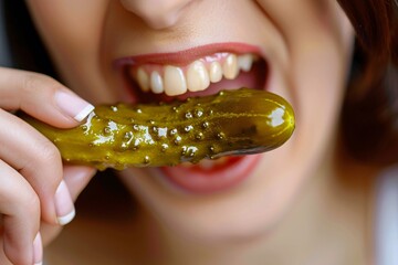Close-up of a woman biting into a crisp, tangy pickle - obrazy, fototapety, plakaty