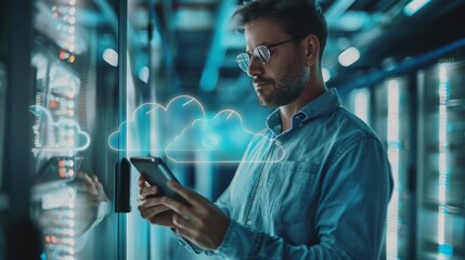 Man Analyzing Tablet Data in Server Room