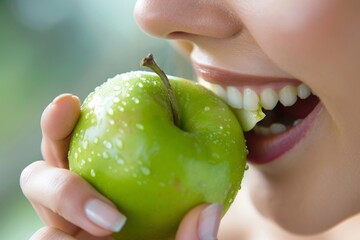 Close-up of a woman biting into a crisp, tart Granny Smith apple