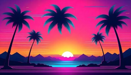 A-retro-style-painted-background-inspired-by-the-80s-aesthetic--featuring-neon-colors--geometric-patterns--and-palm-trees-against-a-sunset-sky--