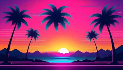 Abwaschbare Fototapete Rosa A-retro-style-painted-background-inspired-by-the-80s-aesthetic--featuring-neon-colors--geometric-patterns--and-palm-trees-against-a-sunset-sky--