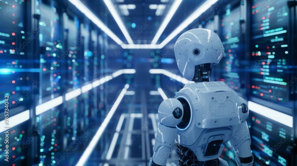 Poster robot standing in illuminated room