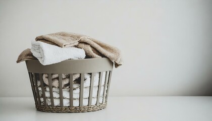Immagine orizzontale cesta per il bucato con asciugamani su sfondo bianco generato con ia