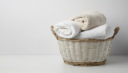 Immagine orizzontale cesta per il bucato con asciugamani su sfondo bianco generato con ia