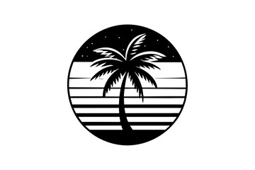 Retro vintage style sunset, palm tree,  Adobe Illustrator illustration, 16k, T - shirt design, T - shirt graphic, retro vintage style circle