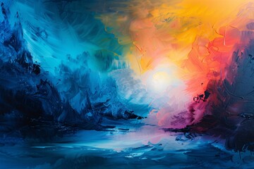 Behold an abstract dreamscape where vibrant colors merge with the tranquility of icy landscapes