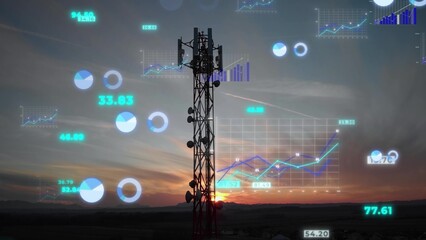 Digital data graphic overlay over 5G telecommunication tower. Business concept
