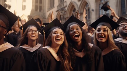 Obraz premium group of diverse graduates smiling widely in their caps and gowns, celebrating their academic success together.