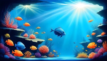 An-enchanting-painted-background-depicting-a-magical-underwater-world-with-vibrant-coral-reefs--exotic-fish--and-rays-of-sunlight-filtering-through-the-water--