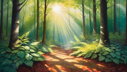A-vibrant-painted-background-featuring-a-serene-forest-scene-with-sunlight-filtering-through-the-leaves--casting-dappled-shadows-on-the-forest-floor--