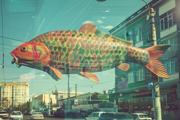 rainbow. old city street. architecture. big fish on the road