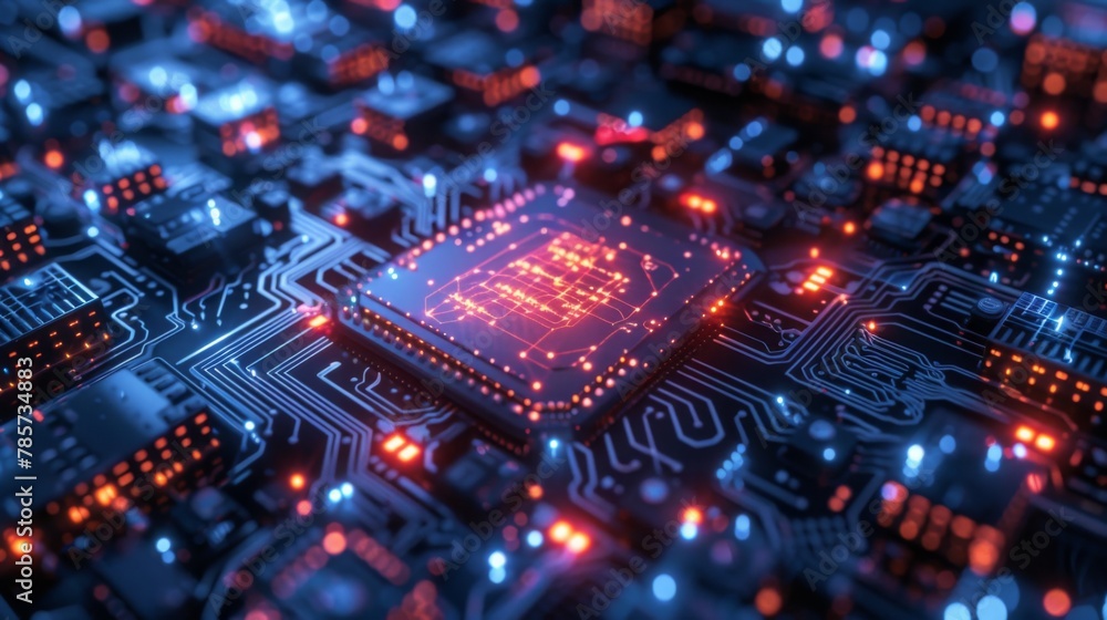 Poster close up of circuit board with red and blue lights