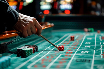 A man is playing a game of craps at a casino
