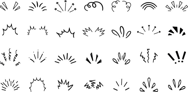 Line movement effect element, cartoon emotion effect decoration icon. Hand drawn cute doodle line element arrow, emphasis, shock, sparkle. Anime movement, express shape