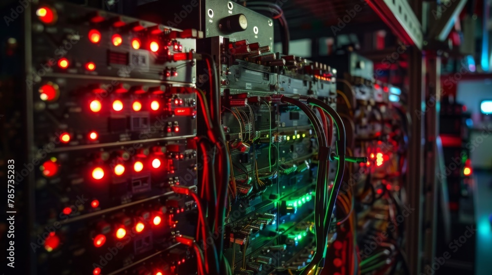 Poster rack of computer equipment with red and green lights