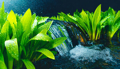 macro spring fresh plants, leaves and grass with drops of dew, on the bank of a stream, clear stream of water. Mockup background with empty space for text, presentation eco product. Generative AI