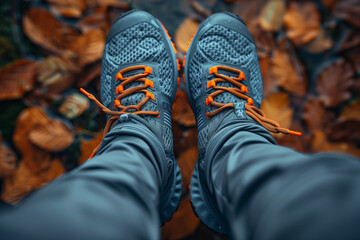 Close-up of shoes with autumn leaves backdrop