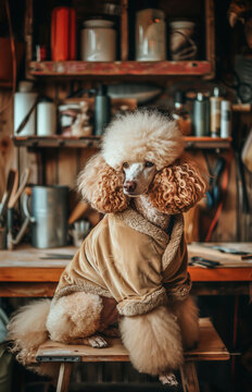 Stylish poodle dressed in a fashionable coat indoors. Generative AI image