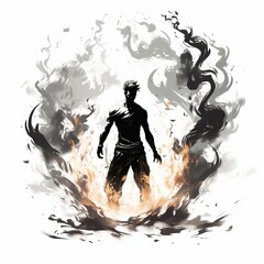 Silhouette of a man with fiery and smoky aura on a white background. A male figure engulfed in flames and fire. Concept of power, inner strength, struggle, and abstract art