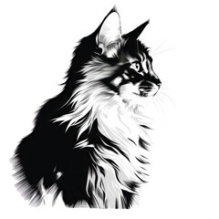 Obraz premium Illustration of fluffy black and white cat with piercing eyes. Drawing of a tuxedo kitten with soft fur texture. Concept of pet portrait, feline beauty, animal art. Isolated on white surface