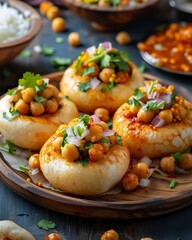 A close-up of pani puri on small round balls of dough, creating a visually intriguing and delicious composition. Close-up of pani puri in a small flavor sphere.