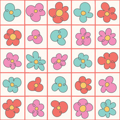 Retro 70s groovy psychedelic seamless pattern background. Cartoon hippie style flowers grid, hand drawn simple daisies