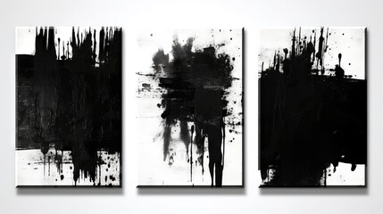Triptych of abstract black and white framed paintings. Black Paint strokes on canvas. Abstract expressionist art in monochrome. Concept of modern art, gallery display, minimalist. White backdrop