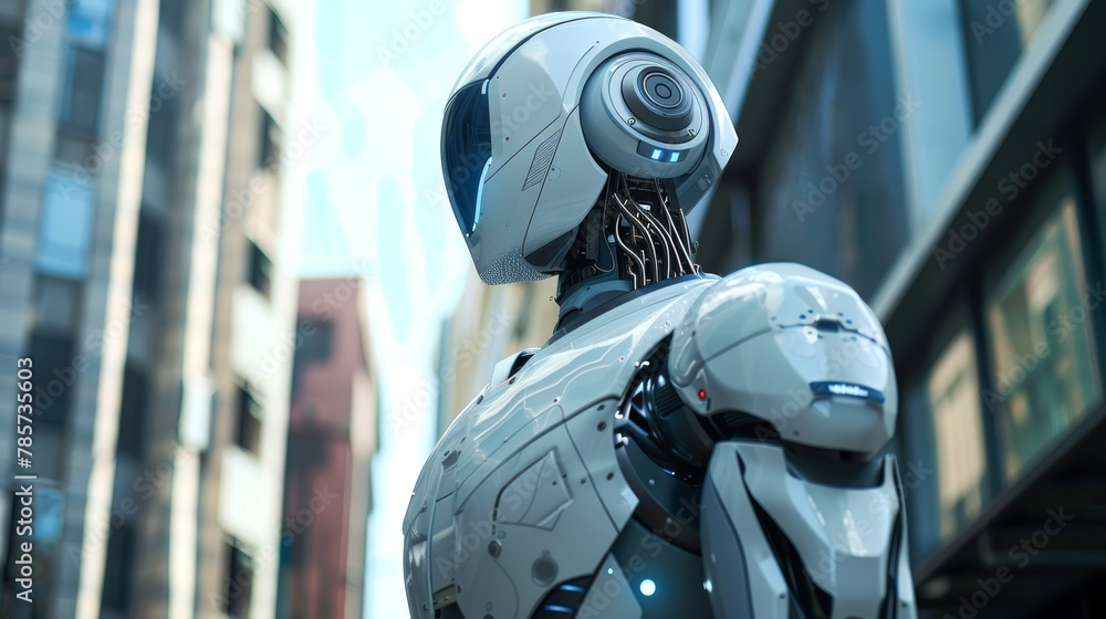 Poster advanced humanoid robot in urban settings. modern white robot android in city street. high-tech arti