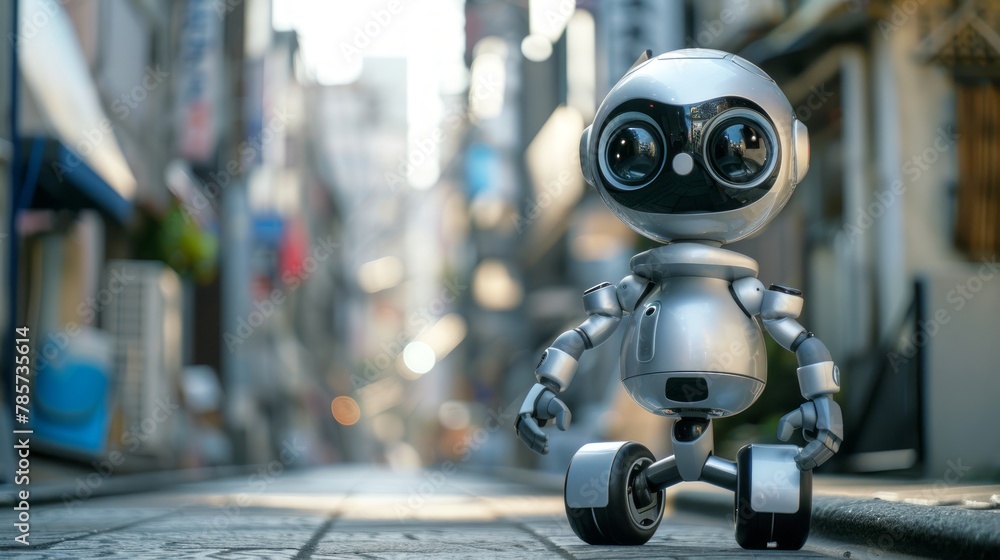 Poster compact android exploring an urban street. miniature robot in a cityscape. concept of technological 