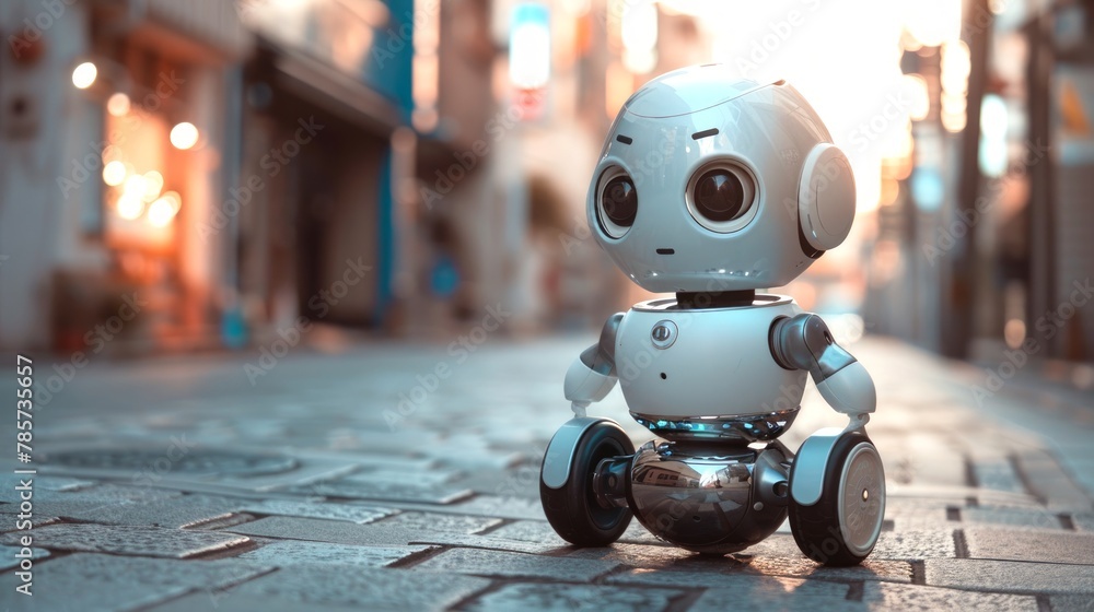 Poster small humanoid robot exploring city street. concept of future technology and artificial intelligence