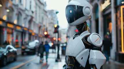Advanced humanoid robot in urban settings. Modern white robot android in city street. High-tech artificial intelligence, humanoid robots and robotics concept. Copy space