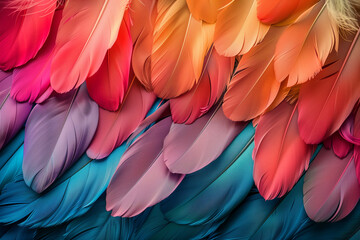 Obraz premium Creative colorful bird feathers background, pattern