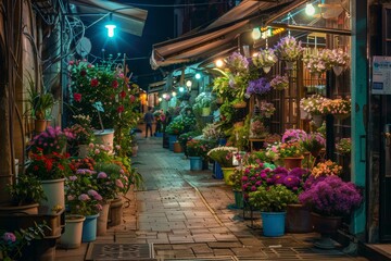 Fototapeta na wymiar night street. old city center. beautiful flower shop