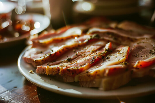 Natural seasoned bacon slices on a plate Generative AI image