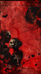 halloween background in blood red with black horror characters