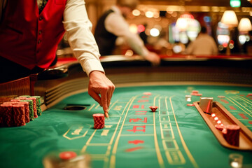 A man is playing a game of craps at a casino