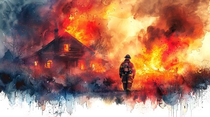 Firefighter walking towards a house engulfed in flames at sunset. Resolute fireman facing a raging residential fire. Concept of emergency service, bravery, disaster action. Copy space. Watercolor