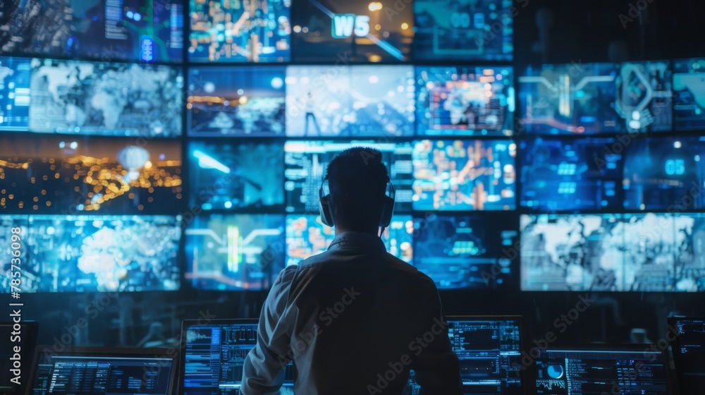 Poster Man Monitoring Multiple Screens in High-Tech Control Room at Night