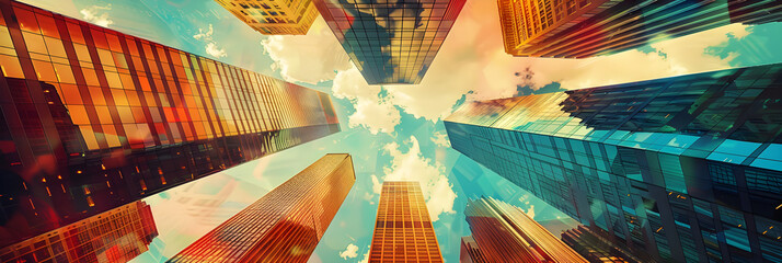 Abstract collage of modern skyscrapers and business buildings in a big city, with a surreal and contemporary atmosphere. Suitable for technology or business-related concepts.