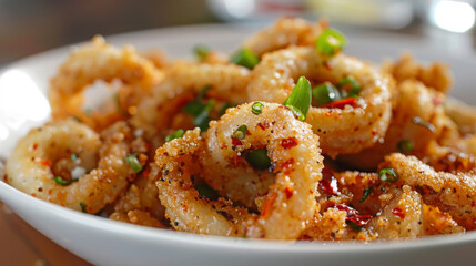 Close-up of crispy calamari seasoned with sichuan pepper and spring onions - obrazy, fototapety, plakaty
