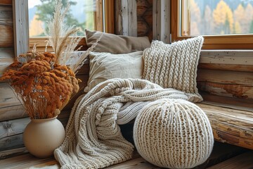 Cozy corner with cushions and knitted throw