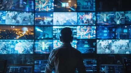 Man Monitoring Multiple Screens in High-Tech Control Room at Night