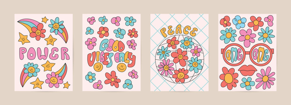 Retro groovy cartoon hippie cards set. Trippy poster with psychedelic flowers, quote, glasses, omg, earth.