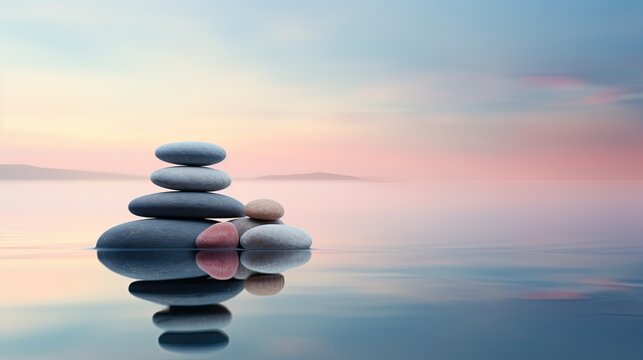Minimalist Zen garden at dawn, harmonious balance of nature and simplicity, smooth stones, tranquil water, soft morning light