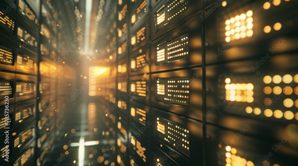 Poster modern data center servers glowing in dim light