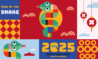 Chinese New Year 2025 modern art design in red, gold and white colors for cover, card, poster, banner with trendy geometric pattern. Hieroglyphics mean Happy New Year and symbol of of the Snake